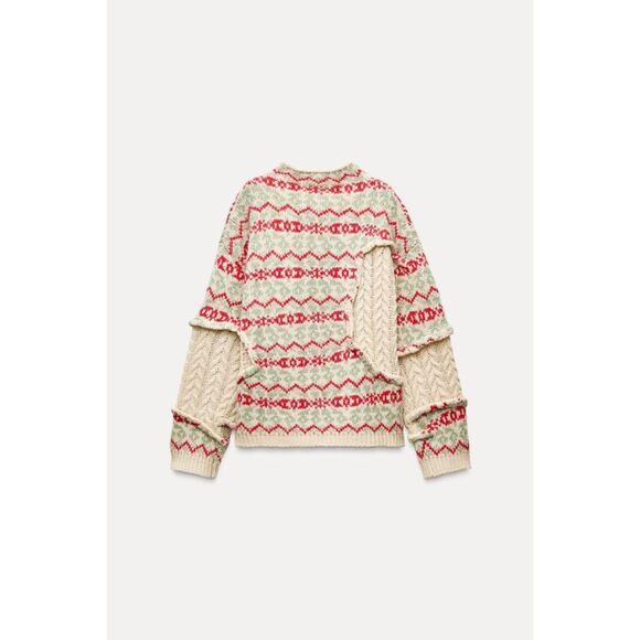 Multicolor Zara Wool-Blend Fair Isle Cable Knit Jacquard Chunky Sweater, NWT - Picture 2 of 6